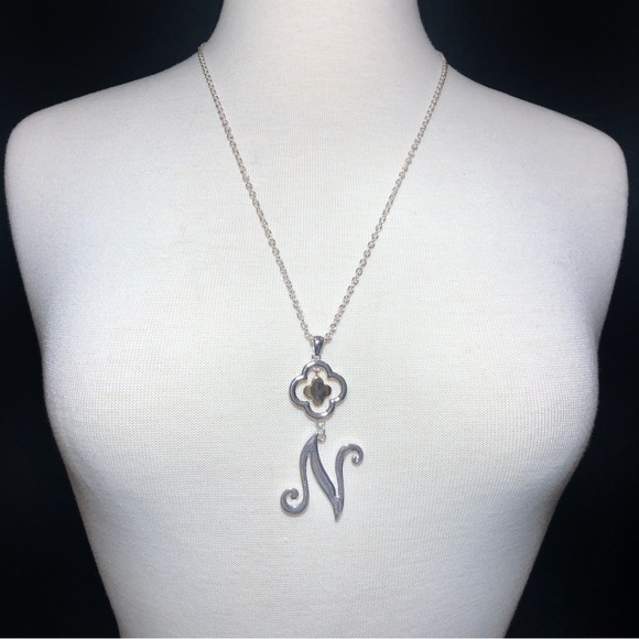 Initial N Monogram Letter Quatrefoil Silver & Gold Tone Long Necklace - Picture 1 of 2